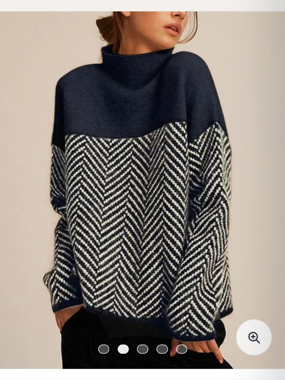 Navy & White Chevron Knit Mock Neck Sweater, Size M
